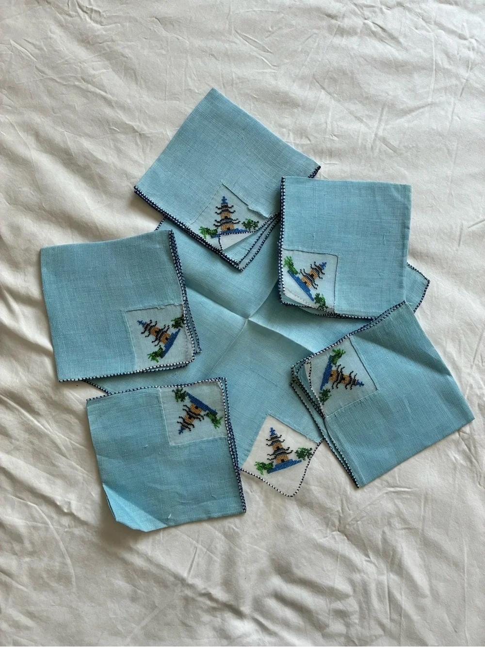 Vintage Set of 6 Light Blue Linen Embroidered Cocktail Napkins